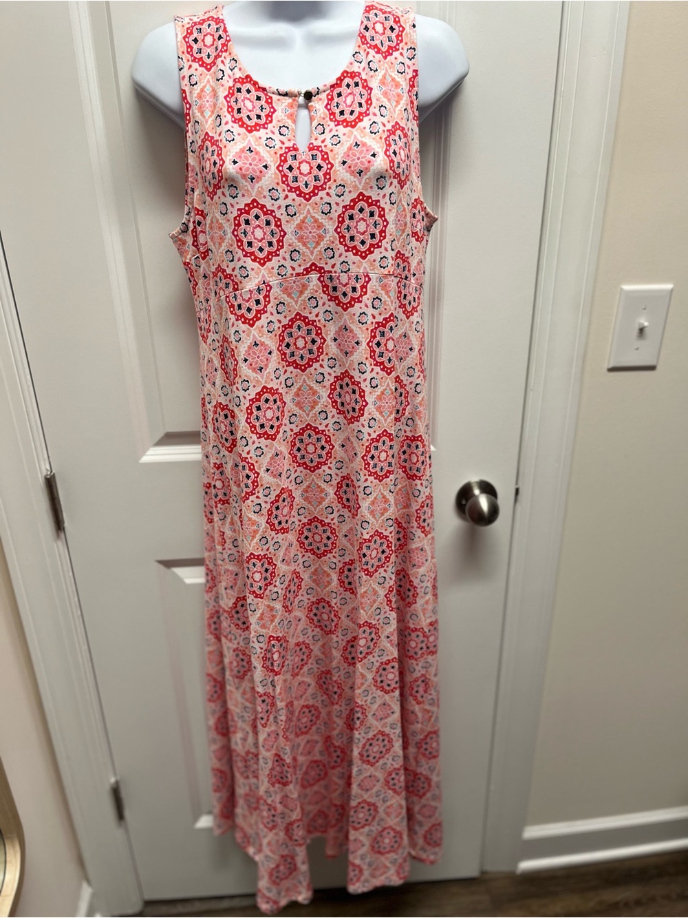 Talbots Petite MP Geometric Floral Keyhole Maxi Dress Pink Coral Soft Knit